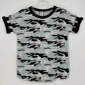 Sew In Love Womens Top Short Sleeve Blue Camo Ladder Detail Sleeve Stretch NWOT